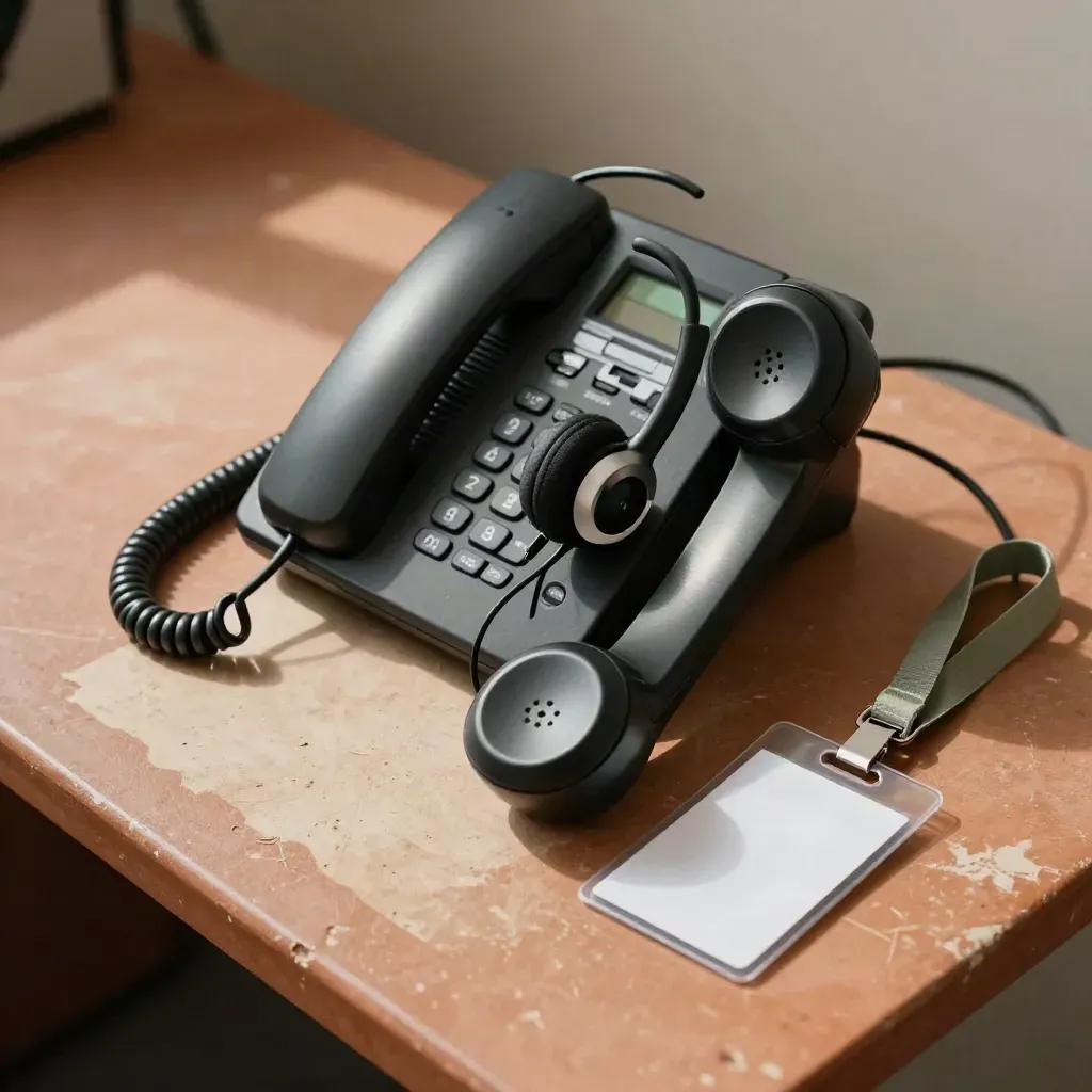 Telefono da ufficio, base headset, badge e interfono su terracotta con luce morbida.